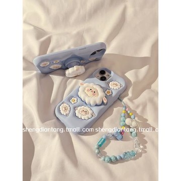 呆萌可愛小綿羊支架適用蘋果14ProMax手機殼iphone13新款14立體卡通11斜挎鏈條12女款15promax軟硅膠保護套