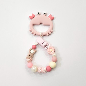 客製化 MU 粉橘色 奶嘴鍊夾 螃蟹固齒器 / 客製化奶嘴鏈可套香草