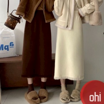 【ohi】針織半身裙 中長款流蘇下擺 A字裙 高腰顯瘦修身包臀裙 長裙 中長裙 裙裝 女裝 GKY1731