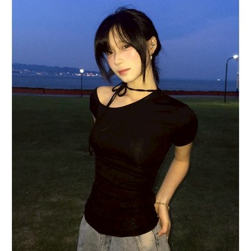 【PRPN】純欲風 短款上衣 美式 露肩上衣 辣妹上衣 設計感 修身上衣 春夏上衣 綁帶上衣 斜肩短袖 收腰上衣 顯瘦