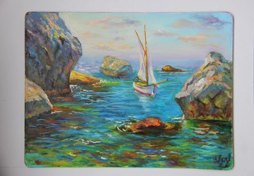 風景帆船畫原創海洋藝術懸崖岩石景觀藝術品