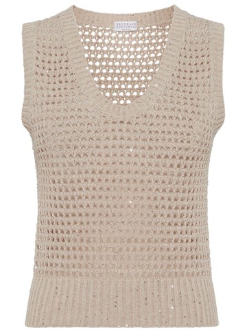 Brunello Cucinelli - sequin-embellished open-knit vest - women - Cotton/Polyester - XS - Neutrals