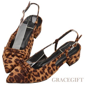 【Grace Gift】赫本風尖頭雙蝴蝶結後空跟鞋 豹紋