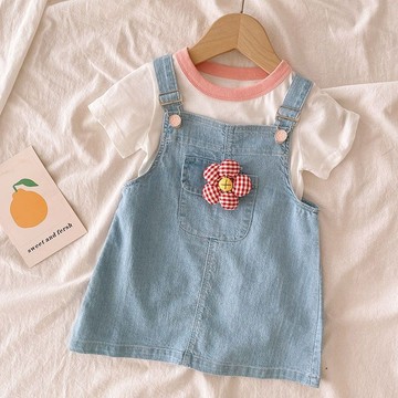 Mimo⭐女童牛仔背帶裙套裝夏裝小花短袖兩件套