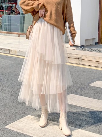 半身裙冬天配毛衣網紅秋冬裝新款網紗裙子高腰冬裙蛋糕裙女裝1入