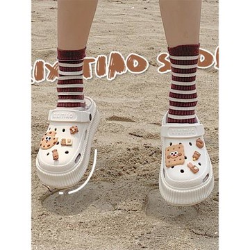 細細條 EVA踩屎感增高厚底可愛餅干洞洞鞋女夏季學生外穿拖鞋沙灘