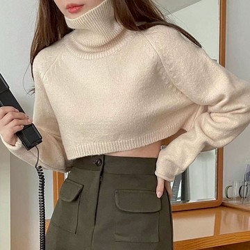 【nine韓系服飾】現貨韓國素色chic短版高領羊毛衣 杏、米、灰、黑 毛衣 上衣 高領