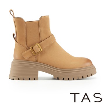 TAS 率性造型飾釦真皮切爾西短靴 棕色 #44807