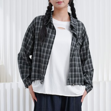 休閑抽繩收腰格紋襯衣 短外套121772C