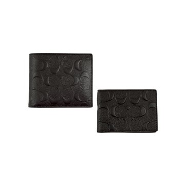 [平輸版] 【COACH】黑色C LOGO皮雕荔枝紋真皮雙摺二合一男夾 真品平輸