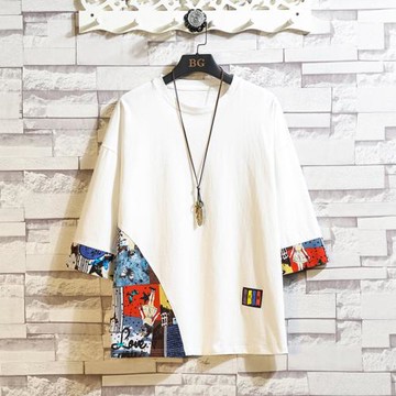 白色短袖t恤男純棉七分袖圓領體恤衫潮牌夏裝衣服寬松半袖上衣薄