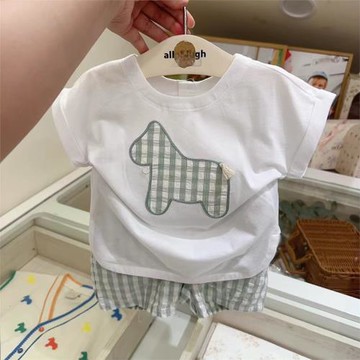 韓國童裝 24夏新款男女童寶寶可愛小馬刺繡短袖T恤 短褲外出套裝