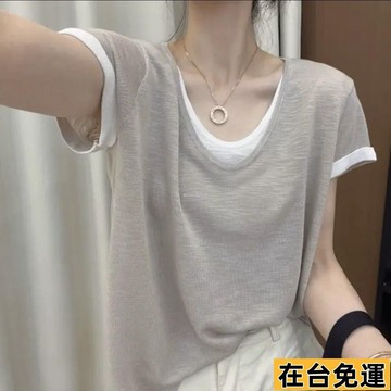 🔥台灣發出🔥 夏季新款假兩件撞色v領短袖上衣女寬鬆遮肉顯瘦百搭大碼休閒t恤