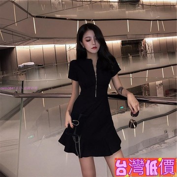 悅裳💎台灣免運💎韓版新款極簡主義心機拉鍊黑色洋裝 套裝 小黑裙 連衣裙 裙子商城衣服 女裝 上衣 約會 禮服 1EE
