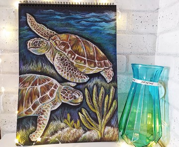 水下世界。海龜粉彩原創藝術動物原畫藝術