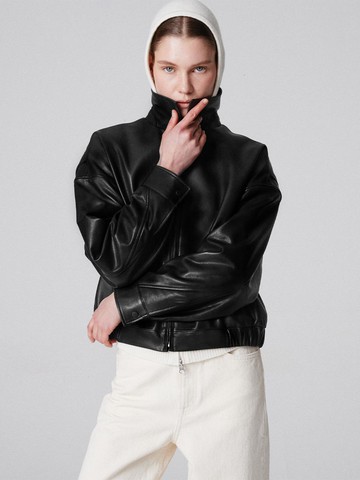 European Lambskin Semi crop bomber jacket [Black]