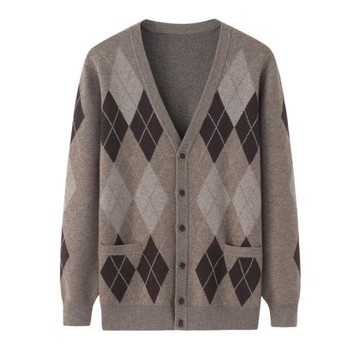 秋冬新款純羊絨男V領開衫加厚保暖毛衣雙中老年爸爸休閑針織外套