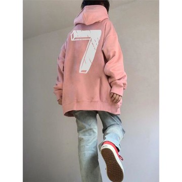 2024新款爆款秋冬寬松純棉連帽衛衣女加絨美式數字7上衣外套帽衫