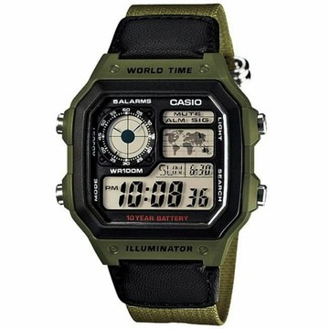 CASIO 卡西歐 10年電力 多功能軍風電子錶-軍綠 AE-1200WHB-3B