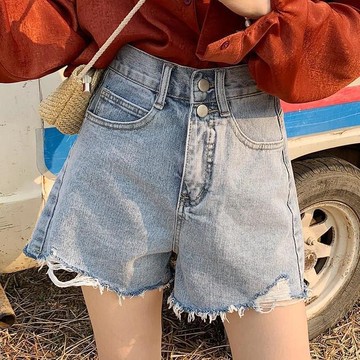 胖胖美依 牛仔褲 熱褲 短褲 S-2XL破洞牛仔短褲夏季新款高腰闊腿寬鬆顯瘦a字褲短熱褲-7407.