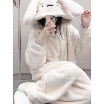 小桔子私定 大耳兔珊瑚絨睡裙女長款可愛睡衣睡褲冬天加厚家居服