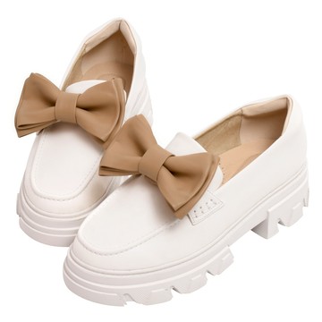 ANNSTAR 春妞聯名-可拆蝴蝶結鋸齒樂福鞋4.5cm-米白