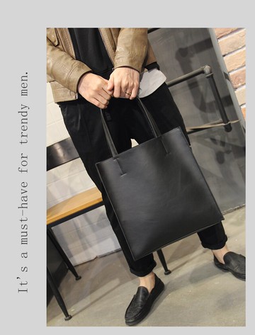 FINDSENSE X  男士復古手提包單肩皮質黑色大容量中性豎款托特包男