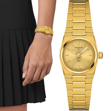 TISSOT 天梭 PRX系列 香檳金太陽紋石英女錶-25mm T1370103302100