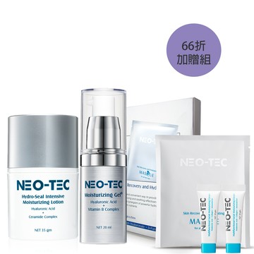 (66折加贈組)NEO-TEC 妮傲絲翠 玻尿酸保濕達人必備組(高效保濕凝露+鎖水保濕精華乳+水嫩面膜4片)