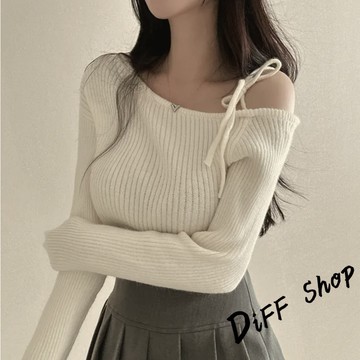 韓版氣質斜肩綁帶針織上衣【W521】