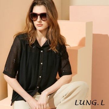 LUNG.L林佳樺 黑色壓褶雪紡拼接電繡楊柳五分袖女裝上衣 LU59A