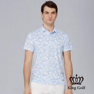 【KING GOLF】網路獨賣款-男款變形蟲印花造型POLO衫/高爾夫球衫-淺藍
