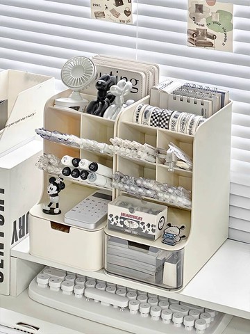 💯環保認證💯 桌面收納盒抽屜式書桌文具大容量斜插筆筒置物架辦公室工位整理盒