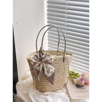 2025海邊沙灘草編包包女夏季帶內襯大容量百搭水桶包度假風手提包