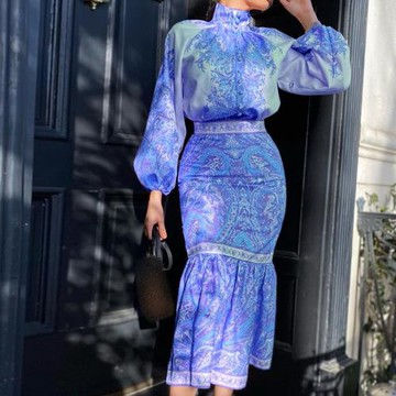 Women Tops Skirts Two Piece Set印花上衣中長款包臂半身裙套裝