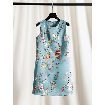 高定~喜上枝頭重工釘珠水鉆刺繡藍色連衣裙女春新中式國風背心裙