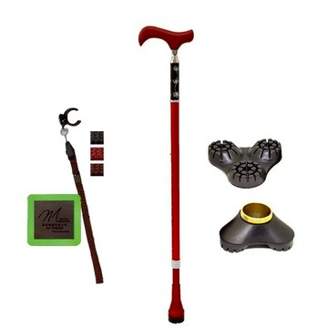 【海夫】枴杖屋 當代藝術系列 360度 防滑避震 10段伸縮手杖 三角底座 夜光片扣環 黑底白花紋 紅(C2GC16)