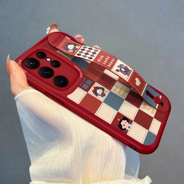 適用三星S25手機殼腕帶格子白雪公主GalaxyS22/S23新款s24全包S20保護套卡通ultra高級感女S21FE軟硅膠+防摔