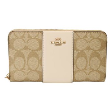 COACH-金屬馬車防刮皮革掛帶拉鍊長夾(淺卡其x白槓)