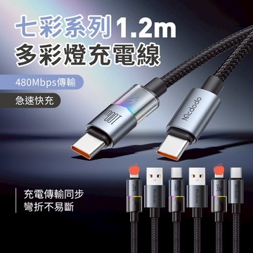 【台灣現貨 隔日配】麥多多 七彩系列 多彩燈充電線 平果/安卓 3A/6A/36W/100W 七彩炫燈編織傳輸快充線
