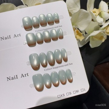 ➕最新設計款穿戴甲💅【青色雨】淺薄荷暖棕精簡版珠光穿戴甲溫柔風顯白百搭手作美甲短方穿戴甲 WJVT