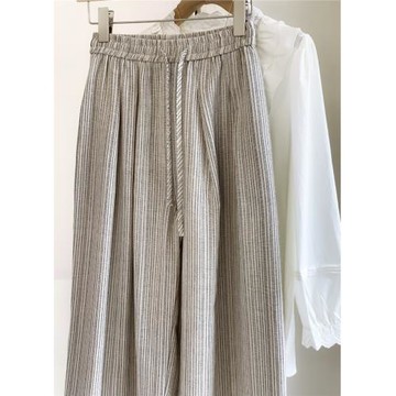 慵懶松弛感褲子條紋亞麻闊腿褲女春秋款垂感休閑直筒棉麻褲小個子