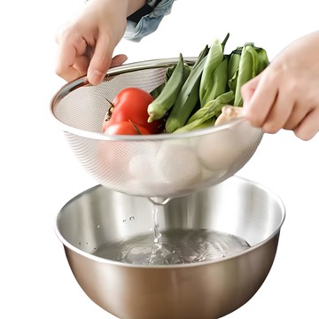 Daily Pick 全不鏽鋼雙層瀝水籃洗滌盆  大號 (25cm)  托盤+洗碗  1組