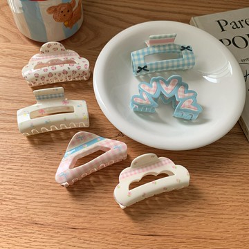 奶油少女系列~碎花格紋蝴蝶結抓夾亞克力鯊魚夾後腦勺盤發夾發飾【淘夢屋】