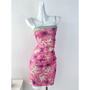 外貿原單 復古時尚印花氣質一字領收褶顯瘦短款包臀吊帶連衣裙