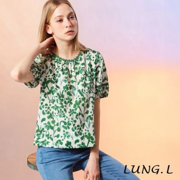 LUNG.L林佳樺 白底綠花織帶圓領棉質短袖女裝上衣 LU43A