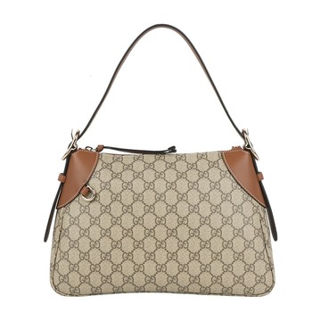 GUCCI GG Emblem 塗層帆布及皮革肩背包(米色/深棕色)