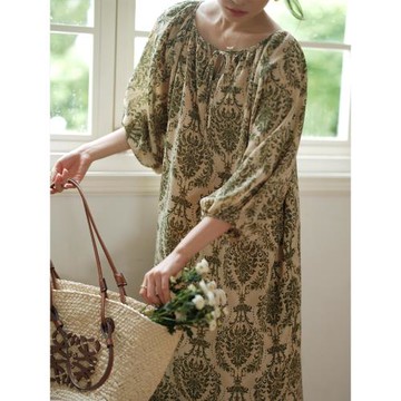 法式復古度假慵懶風海邊夏季寬松七分袖連衣裙長款碎花裙小眾長裙