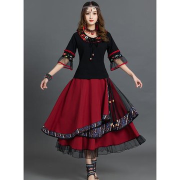 春秋新款復古文藝民族風修身上衣T恤不規則百褶半身長裙兩件套裝