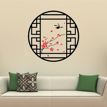 梅花喜鵲中式假窗裝墻貼紙 客廳書房沙發墻裝飾貼畫 幼兒園裝飾貼1入